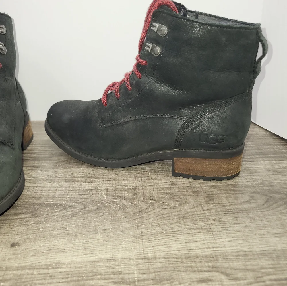 Women’s Black Suede Lace-Up Ankle Boots with Red Laces